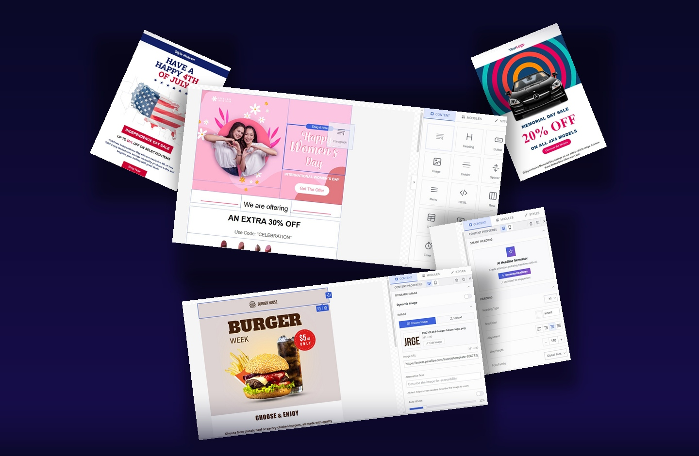 Pexelize email editor showcase - Build beautiful email templates with drag-and-drop, AI-powered editing, and rich content properties